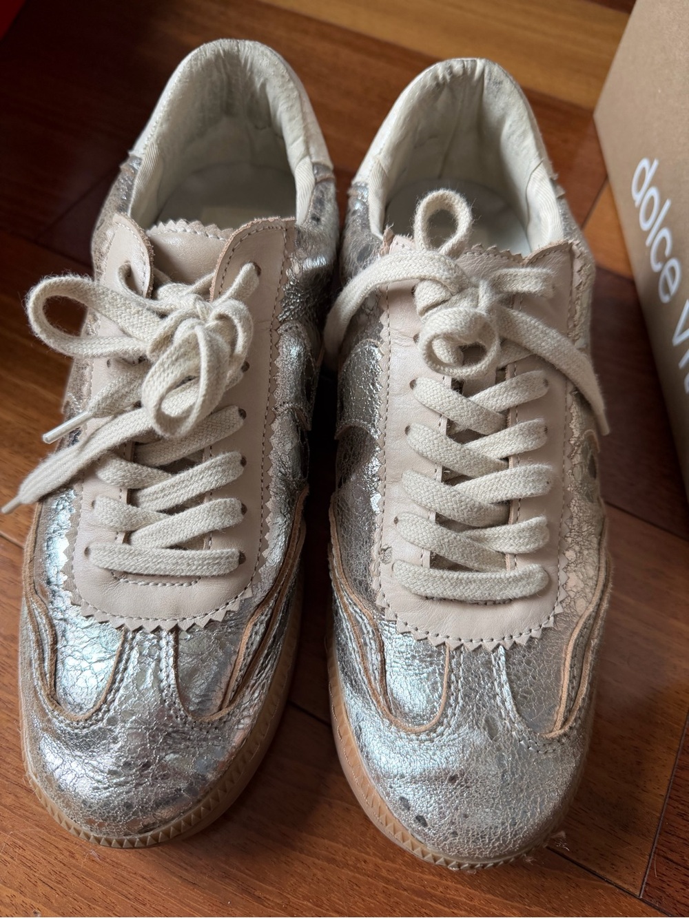 Dolce Vita Silver and Cream Leather Lace-Up Sneakers